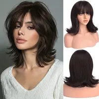 AISI HAIR Women's Glueless Short Layered Cut Bob with Bangs, Natural Straight Heat Resistant Brown Mixed Honey Blonde Synthetic Full Machine Wig for Beginners
