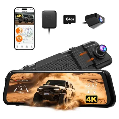 WOLFBOX M40 10” 4K Mirror Dash Cam Front & Rear, WiFi GPS Voice Control, Night Vision, Parking Mode, 64GB Included,car accessories,toolupgrade