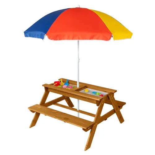 JOYMOR 4-in-1 Fir Wood Kids Picnic Dining Table w/2 Sensory Bins, Sand & Water Table, Height-Adjustable Umbrella & Benches, Easy Setup Outdoor Living Furniture for Garden (Natural)