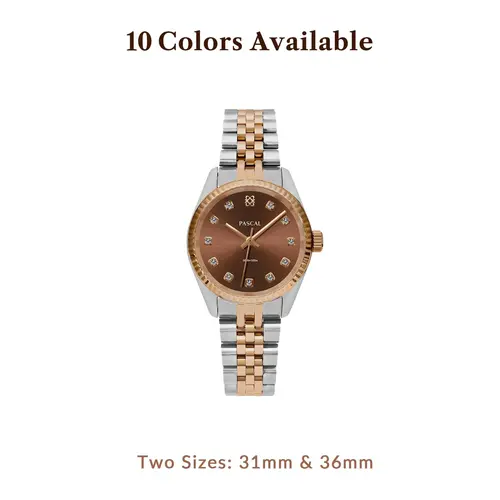 PASCAL Timeless Classic Diamond Watch for Women & Men 31mm & 36mm with White Lab-Grown Diamonds Swiss Ronda 763 Quartz Movement Stainless Steel Bracelet Everyday Luxury Gift
