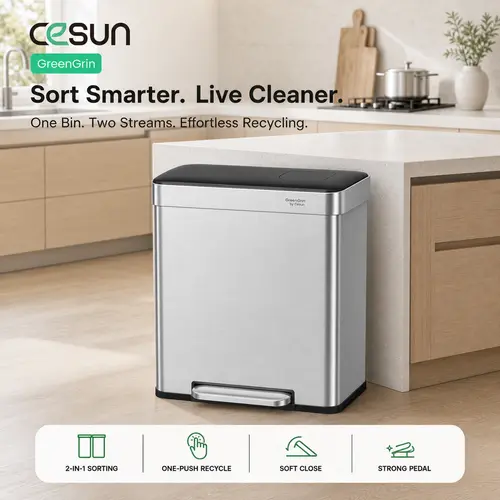 Cesun GreenGrin Rectangular Stainless Steel Step-On Kitchen Trash Can - Home Supplies, 2 x 8 gal (30L+30L) Dual Compartment Recycling Bin Combo with Steel Body, Lid, Push-Flap Dump, Removable Buckets, Touchless Design (Silver, for Bathroom Use)