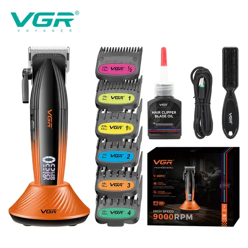 VGR 889C Professional Men's Hair Clipper Wireless Grooming Kit - 9000 RPM Durable Ceramic MIM Blades, 6 Guide Combs, LED Display, USB Charging Base, Adjustable Brush, for All Hair Types (Beauty Products)