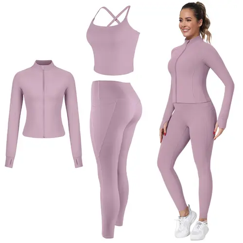 【FREE 3-DAY SHIPPING】2/3/4-Piece Workout Set S-2XL - Longline Sports Bra + Side Pockets Leggings/Shorts + Full Concealed Zip Jacket with Collar Shield – Women’s Yoga Outfit Activewear for Gym Running Training Lightweight Compression Sportswear