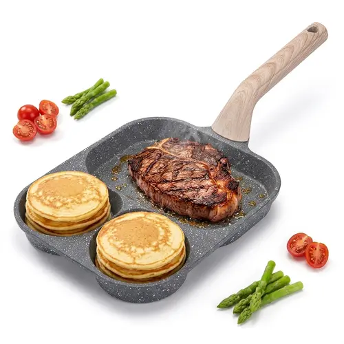 Non-stick Egg Frying Pan, 3 Holes Skillet With Handle, Nonstick 3-In-1 Divided Grill Pan - Multi-Use Egg Cooker, Omelette/Pancake Pan with Steak Function, Gas/Induction Compatible + Free Oil Brush & Scraper，Easy Clean，Breakfast Gadget，Family-Safe，,sohochi