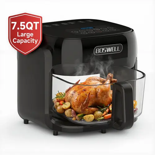 BOSWELL 7.5QT Heatproof Glass Air Fryer with Full Visibility Transparent Bowl - 1200W Fast Heat 5-in-1, 7.5QT Family Batch, Fits Whole Chicken, Oil-Free Crispy Results, Dishwasher-Safe Pot, Ideal Gift for Families, Multifunctional Cooker, Meal Prep