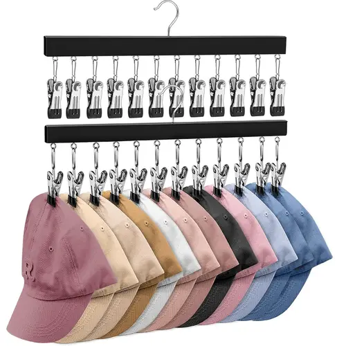 Wooden Hat Organizer Hanger - 1/2 Pack, 12 Secure Steel Clips, Wood & Steel, Durable, Fits All Cap Sizes, Holds Caps, Jeans, Yoga Pants, Leggings, Belts, Skirts, Home Decor, Storage Organization, Ideal Back-to-School Wardrobe Gift,sohochic