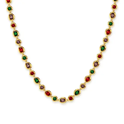 PASCAL Catena Multi-Color Gemstone Necklace for Women & Men 14ct Lab-Grown Gemstones 18K Gold Plated Adjustable 16-18 Inches Vintage Statement Gift