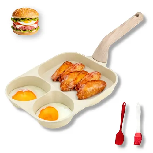 3-in-1 Nonstick Breakfast Pan | 3 Section Divided Frying Pan for Eggs, Pancakes, Bacon & Sausage | Granite-Style Egg Skillet with Wood Handle | Induction Compatible | Includes Brush & Spatula,sohochic