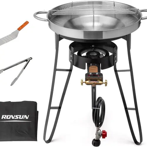 ROVSUN 23" Concave Comal Set with 80,000BTU Propane Stove,disco para cocinar discada, Stainless Steel Discada Disc Cooker with Burner Stand for Backyard & Outdoor Cooking, Taco Para Cocinar Carnitas Tortillas Stir Fry Work