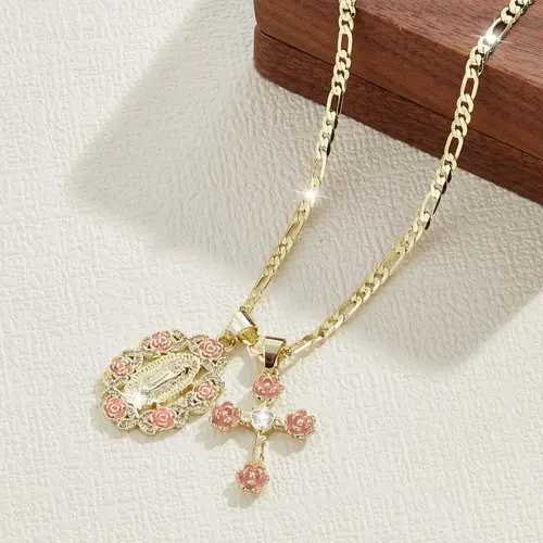 Floral Mary + Cross Dual Pendant Necklace, or Jewelry, Gift for Girlfriend Family Festival Birthday, Cuban Links Necklace, Faith Style Necklaces, Cross Medallion Pendant, Medallion Chain, Pendants Jewelry