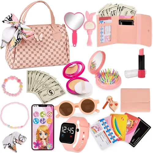 Princess Pretend Play Playset for Girls (3-4 Years) - Stylish Fake Cosmetics Kit with Handbag, Phone, Wallet, Cute Accessories, Encourages Imaginative Play for Birthday Parties (Ages 3+),sohochic