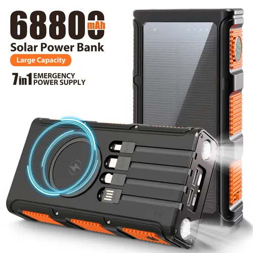 68800mAh Multifunctional High Power Solar Charger Power Bank - 15W Fast Wireless Charger with 4 Built-in Cables, 7 Outputs, Dual Flashlights, Compass - Portable Battery for Smartphones, On-the-Road EDC Gear,back to school,back to school haul,sohochic