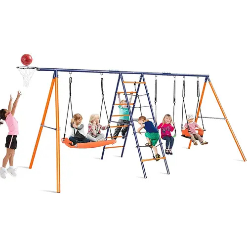 SummerWins 6-in-1 Heavy-Duty Metal Outdoor Play Set for Kids - 700 lbs Capacity, Larger Adjustable Stand, 3 Swings, Climbing Ladder, Climbing Net, Basketball Hoop, Construction Sports Gear, Unisex, Parks Use, Perfect Gift,sohochic