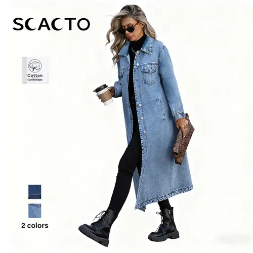 Scacto Women's Classic Long Denim Trench Coat, Collared Button-Front Outerwear for Elegant Basic Outfits, Lady,back to school,back to school shopping, Long Sleeve,clothes for back to school,first day of school outfits,sohochic