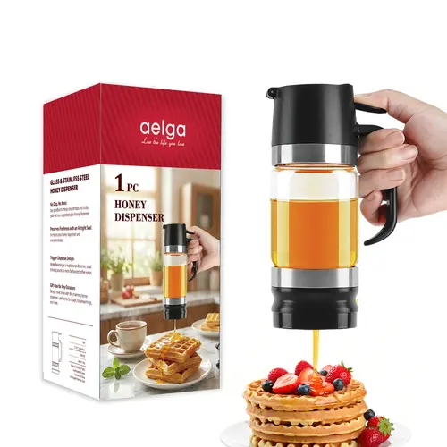 Aelga Glass Honey Dispenser kitchen items No Drip No Mess Leak-Free Design with Handle for Maple Syrup Maintains Freshness Easy to Clean Refill Perfect for Everyday Use,sohochic