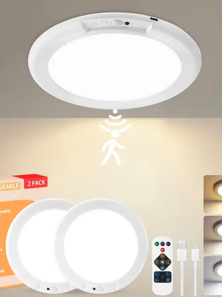 GIVRYES Rechargeable LED Ceiling Lights 2-Pack, 3 Color Modes, Motion Sensor with Remote, Wireless Magnetic Battery Operated Lighting, Automatic Sensor & Charging Port Lighting for Closet, Porch, Led Lights,sohochic