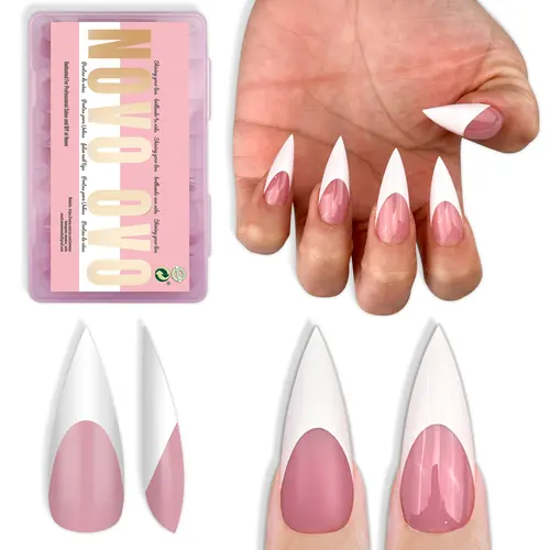 NOVO OVO Soft Gel French Tip Stiletto Fake Nails, Full Cover Medium-Long Press-On Nails with Berry Pink Base, 160 Pcs, 16 Sizes, Stylish Frenchtipnails,sohochic