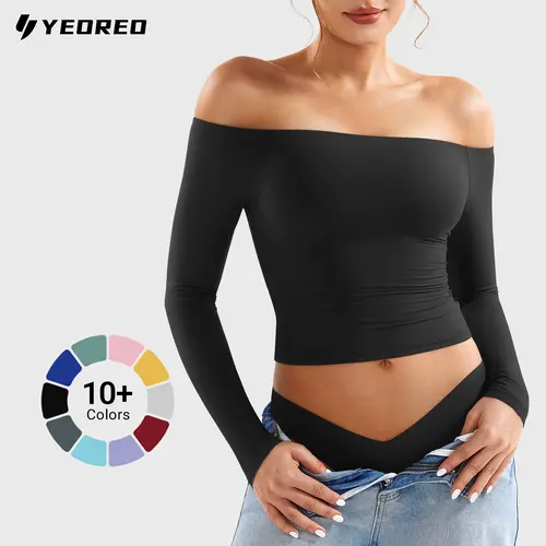 YEOREO Sophie Buttery Soft Off Shoulder Long Sleeve Shirt Double Lined Y2K Going Out Top Casual Cute Basic Womenswear summerwins,travel essentials,camping essentials tiktokshopbacktoschool