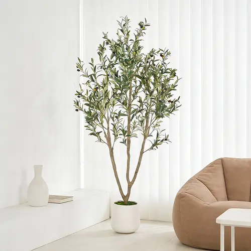 Artificial Olive Tree (5 ft / 6 ft / 7 ft) — Indoor Faux Olive Tree with Tall White Planter — Realistic Faux Plant featuring Natural Wood Trunk and Lifelike Fruit — Ideal for Home and Office Decor.
