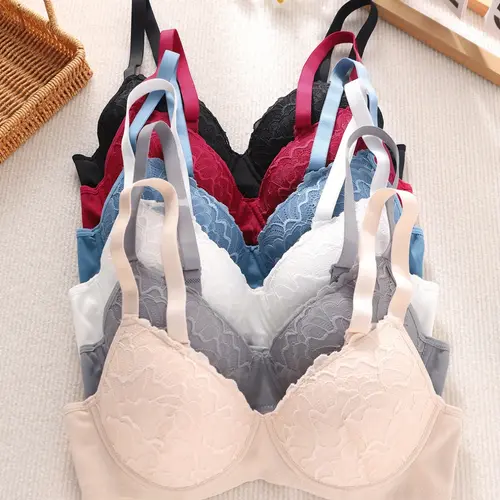 6 Pack Contrast Lace Bra Set, Elegant and Sexy, Multi-Color Combo, Basic Everyday Underwear, Daily Essentials, Comfortable Undergarments, Sexy Underwear, Elegant Lingerie, Soft Lace, Padded Bra, Underwire Bra, Casual Attire, Women's Lingerie