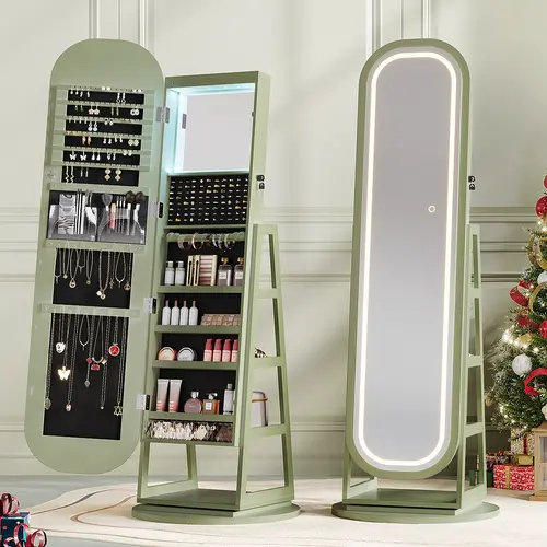 【Full-Length LED Mirror】ONBRILL Gorgeous Lockable 360° Swivel Jewelry Cabinet w/ Light,Jewelry Organizer Armoire Standing w/ Interior Mirror&Storage Shelve for Cloakroom LivingRoom Bedroom Furniture【SummerFinds】