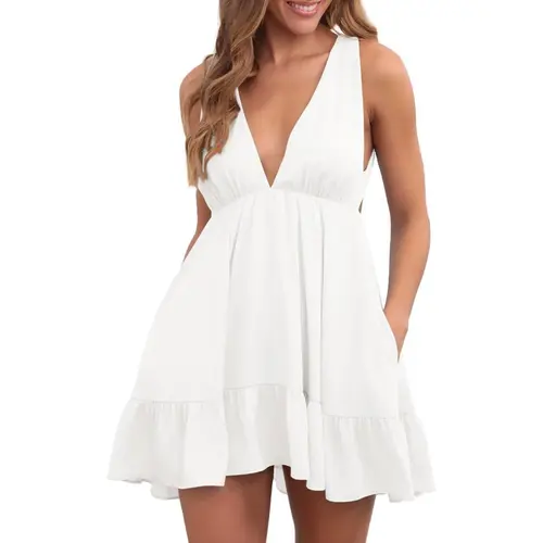 Wenrine Women's Thin Fabric Casual Mini Dress - Lightweight Woven, Sleeveless, Loose Ruffle Deep V Neck Open, Backless Strap, Pocketed Summer Wear