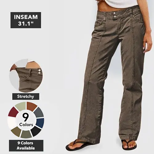 Flamingals Mid Waist Seam Detail Straight Leg Pants Women's Stretchy Fabric Multicolor Flattering for All Body Types Fit Casual