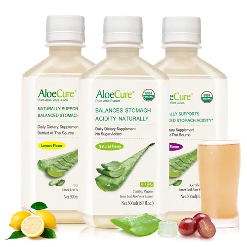AloeCure Organic Pure Aloe Juice Beverage by American Global Health Group, LLC - Non-GMO, Vegan, Gluten/Dairy/Lactose-Free 3-Bottle Sample Pack - Lemon, Grape, Natural Flavors - 3x500ml - 12-Hour Harvest - Stomach Acidity Balancer