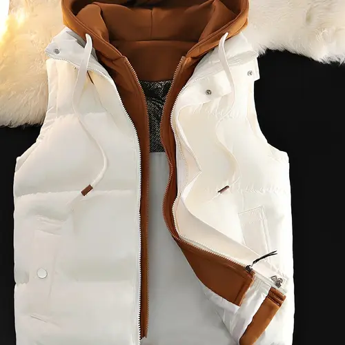 Men’s tops, couples’ hooded thermal vest — fashionable two-piece design, unisex outerwear, men’s and women’s matching vests, thickened polyester fiber material, slim fit, foldable, outdoor casual warmth, machine washable, formal vest, beige, ivory white,s