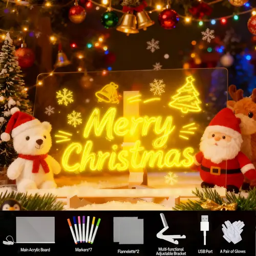 Snofrid Creative LED Message Main Acrylic Dry Erase Light-Up Board with Stand, Markers, Cloths, Tracing Paper Layers, Desk-Size Display - LED Illumination, Christmas Aesthetic Neon Sign, Kids Learning Birthday Decor Gift