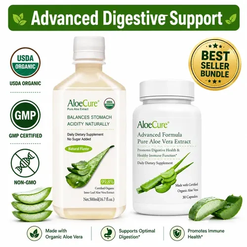 AloeCure Digestion & Gut Support Dietary Supplement Pack - 1 Btl Natural Aloe Juice, 30 Caps Vegan Certified Bioactive Aloe Gut Cleanse & Debloat Solution (Gluten, Dairy, Lactose-Free)