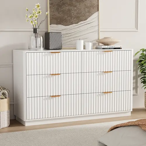 VOWNER Fluted 6-Drawer Dresser Chest - Furniture with Brushed Metal Handles, Rounded Edges, Waterproof Thick Top, Deep Wide Storage Organization for Bedroom/Entryway Modern Accent Cabinet, Bedroom Dresser