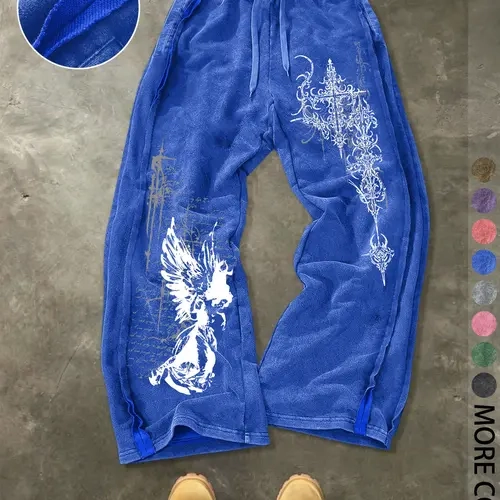 Men's Streetwear Sport Pants, Athletic Casual Pants, Washed Cotton Fabric, Loose-Fit Elastic-Waist Knit Pants for Casual All-Season Wear, Knitted Sports Pants