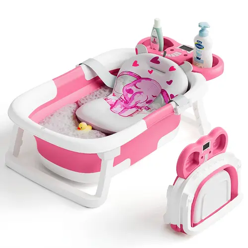 LUCKSONNY Collapsible Baby Bathtub - Real-Time Temp Monitor, Floating Cushion, Foldable Travel Tub for Newborns & Toddlers, Newborn Baby Stuff, Mother's Day Gift, Summer Vibes,sohochic