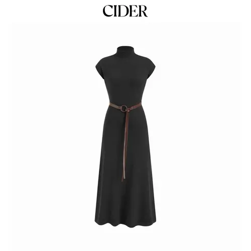 Cider Knit High Neck Sleeve A-line Maxi Dress With Belt