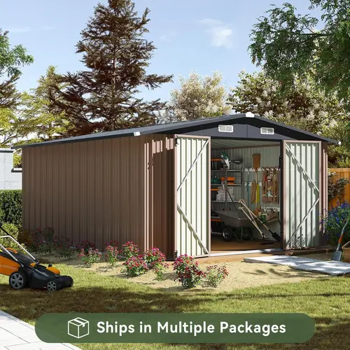 Aoxun Rust-Resist Galvanized Steel Outdoor Storage Shed - Large Brown Garden Building with Lockable Double Door, Water-Shed Roof, Vertical Racks (6x4FT/6x8FT/10x8FT/10x12FT/12x14FT Sizes) for Fishing, Poolside Use, Water Resistant Metal Structure