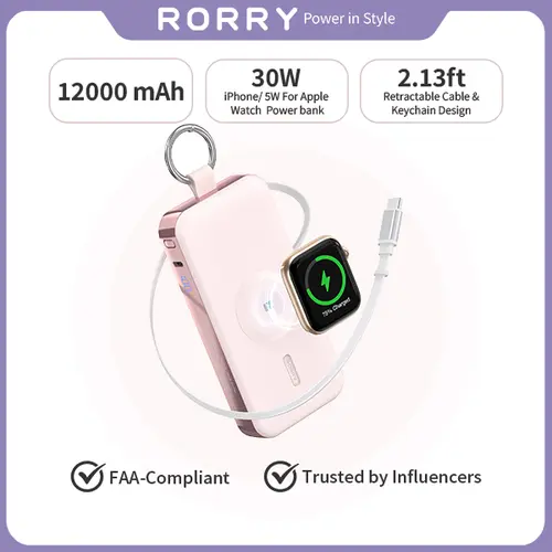 RORRY 12000mAh 30W Power Bank with Built-In Retractable USB-C Cable LED Display Fast Portable Charger for iPhone 12-17 Apple Watch Galaxy Android Devices backtoschool,back to school,back to school haul,sohochic