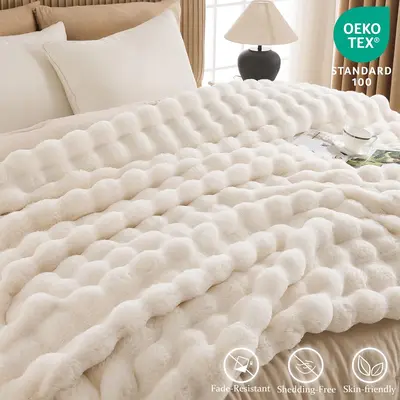 Raybee 750GSM Faux Rabbit Fur Bubble Shape Soft Comforter - Thick Plush Bedding, Cozy Warm Blanket for Bed/Couch, College Dorm Decor, Home/Travel Use, Gifts for Women, GF Gift