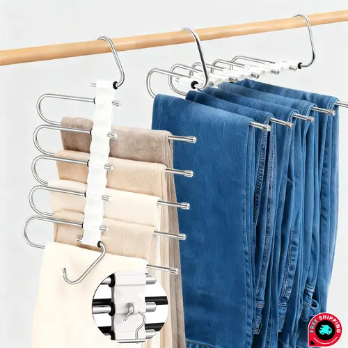 Stainless Steel Foldable Pants Hangers with Side Hook - Wrinklefree Hang, Multi-Layered 5-Layer Non-Slip Adjustable Durable Organizers, High-Tenacity Vertical Stack Closet Space Saver (1 or 2 Pcs, Flexible Packaging for Dresses Daily Use)