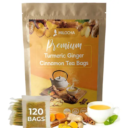 120 Bags Premium Turmeric Ginger Cinnamon Tea, Improve Digestion, Support Brain, Weight, Skin and Sleep, Eco-Conscious Tea Bags and Premium Natural Ingredients. Turmeric Ginger Herbal Tea. No Sugar, No Caffeine, No Gluten, Vegan.