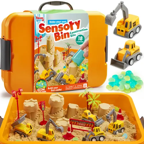 Klever Kits Construction Sensory Bin for Toddlers with Glow in The Dark Stones, Sandbox with Lid Castle Building kit, Preschool Learning Activities Gifts for Boys Girls Age 3,outer space/pet/ Dinosaur/ocean/Witch’s Magic Soup，Halloween gift