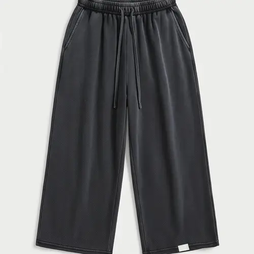 Drawstring Waist Workout Sweat Shorts Wide Leg Baggy Washed Cropped Pants with Pockets