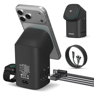 RESSONIC 6-in-1 Magnetic Wireless Charger - Qi2 Certified Fast Charging Dock, Universal Plug Aesthetic Station, Multi-Port Hub with USB-A/USB-C, Mechanical Alignment, Hands-Free Call Stand for iPhones 17-12, Android Phones, Earbuds, Smartwatches