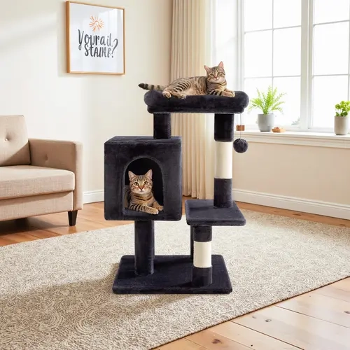 HOOMIC 29-Inch Cat Tree Tower with Large Perch, Cozy Condo & Sisal Scratching Posts. Multi-Level Activity Center for Indoor Cats, Space-Saving Stable Pet Furniture in Pink/Beige/Dark Blue/Grey#SummerVibes