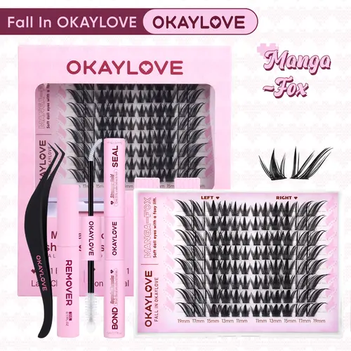 OKAYLOVE Manga-Fox Lash Clusters Kit  Fox Eye Lash Extension Kit  Lightweight Eyelashes Clusters with Waterproof Long-lasting Lash Bond and Seal,Tweezers and Remover for DIY Eyelash at Home Easily, Natural Makeup Girl Gifts DealsForYouDays