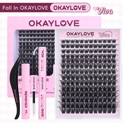 OKAYLOVE Viva Lash Clusters Kit Volume Lash Extension Kit Lightweight Lash Cluster with Waterproof Long-lasting Lash Bond and Seal,Tweezers and Remover for DIY Eyelash at Home Easily,  Makeup Girl Gifts #backtoschool #sohochic