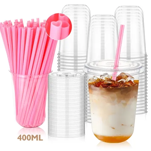 Disposable Cute Pink Heart Straw Cups (100 Sets) - 400ml, Lightweight, Leakproof, Spill-Resistant, Eco-Friendly, BPA-Free, Round-Bottom, Pink Straw Adds Cute Sip, Wedding & Valentine's Party Essential for Iced Coffee, Protein Shakes, 12 Oz Transparent U-S