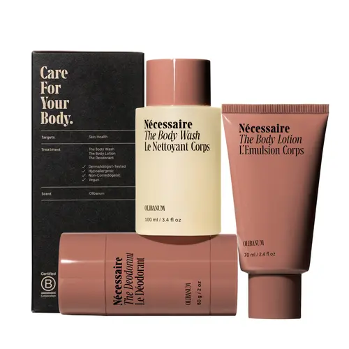 Nécessaire Body Essentials Set – Travel-Size Body Wash, Body Lotion + Deodorant | For Women + Men | Dermatologist-Tested. Hypoallergenic. Vegan | Aluminum-Free Deodorant