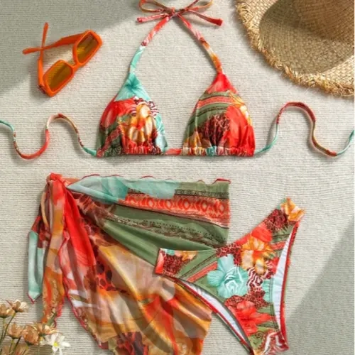 Three-Piece Set Women's All Over Print Bikinis Set, Ruffle Trim Halter Tie Back Triangle Bikini Top & Thong & Sheer Tie Side Cover Up Skirt Swimwear Set for Beach, Women's Swimsuit for Summer, Floral Print Bikinis, Summer Swimsuits