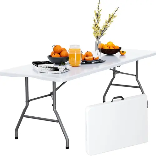 2.5FT / 4FT / 6FT Lightweight Heavy-Duty Fold-in-Half Plastic Outdoor Folding Table with Carrying Handle, 25.6lb, Waterproof Top, Wobble-Free Legs, Outdoor Patio Table for Indoor Dining, Picnic, Fits Small Spaces